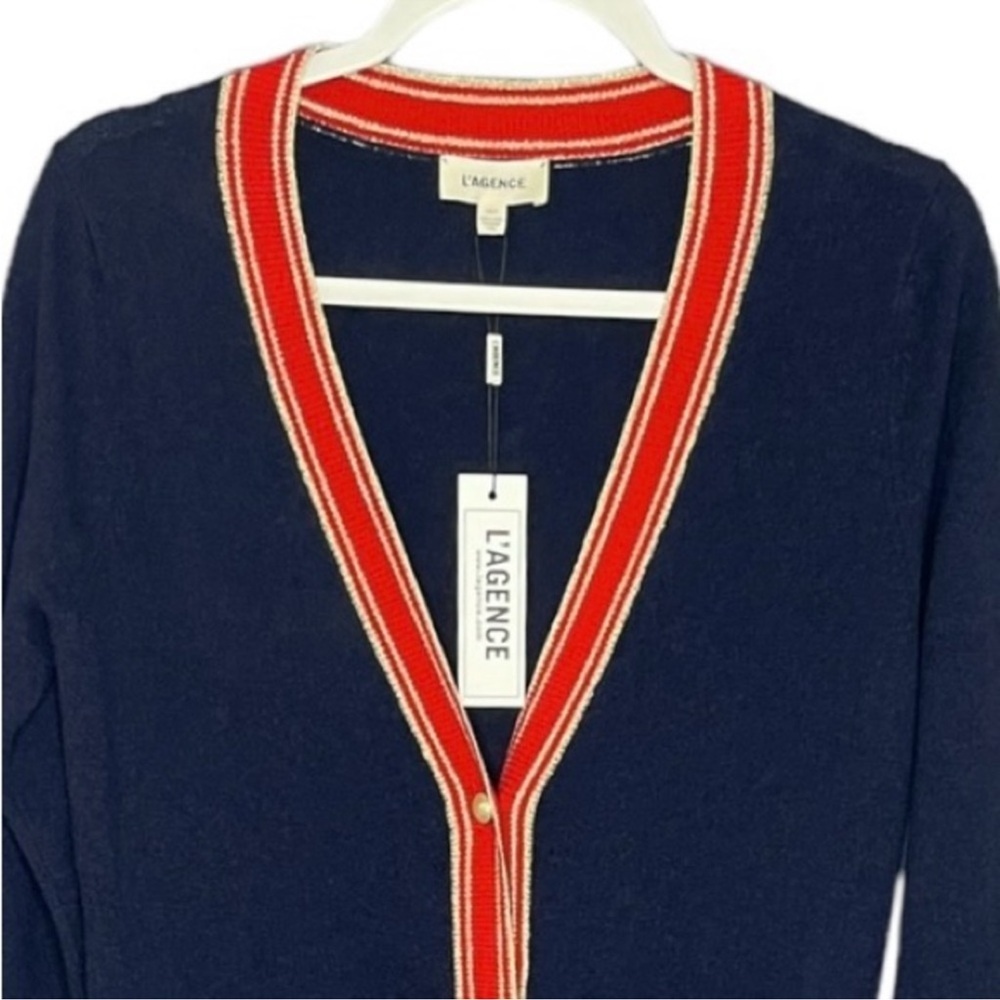 NWT L’Agence Wool Cashmere Ariel Navy Red Gold Cardigan Sparkle Metallic Holiday - Picture 6 of 13